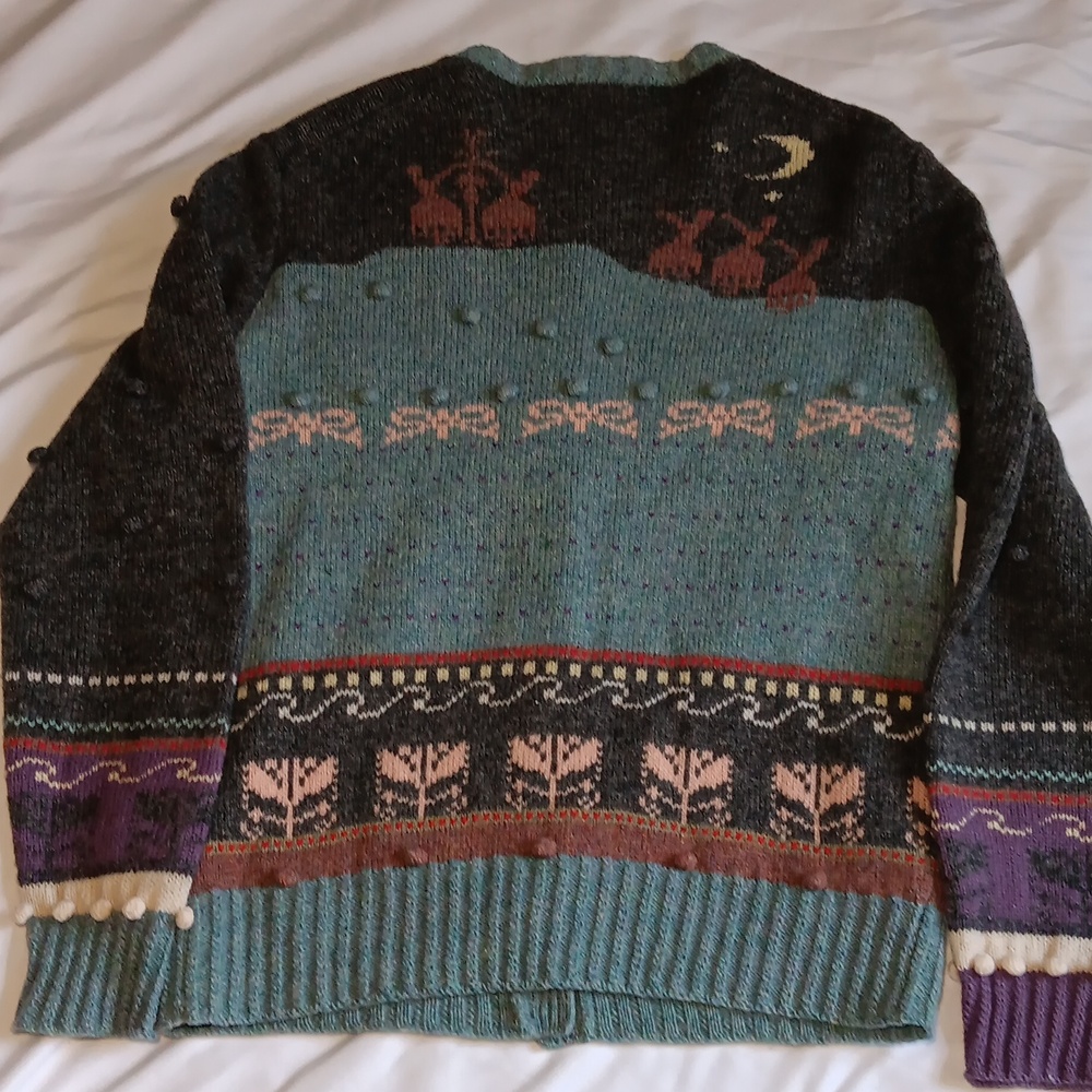 Vintage Womens 100% Scottish Shetland Wool Cottage Core Floral Bow Cardigan - Picture 8 of 8